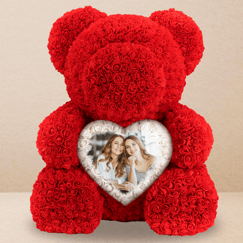 Teddybär aus ewige Rosen mit Fotodruck - Rosenbären mit Aufdruck, personalisiertes Geschenk - Adamell.de