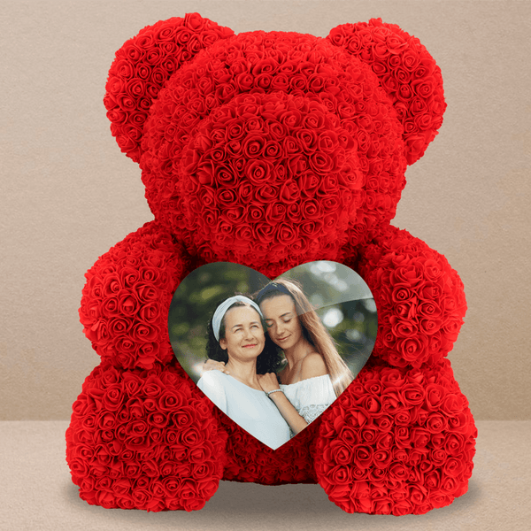 Teddybär aus ewigen Rosen plus Fotodruck - Rosenbären mit Aufdruck, personalisiertes Geschenk - Adamell.de
