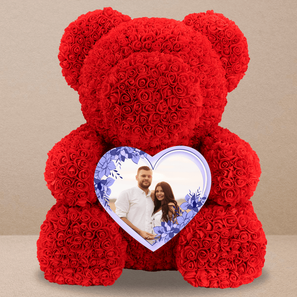 Teddybär mit Blumenherz, Rosenbären mit Aufdruck, personalisiertes Geschenk - Adamell.de