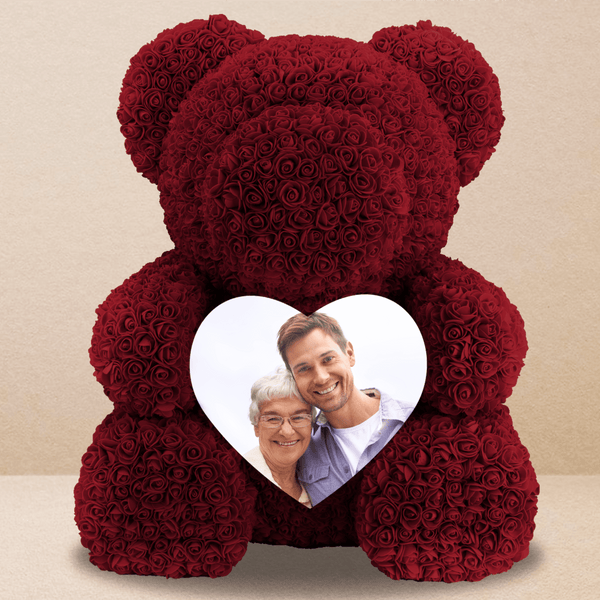 Teddybär mit burgunderroten, ewigen Rosen + Druck - Rosenbären mit Aufdruck, personalisiertes Geschenk - Adamell.de