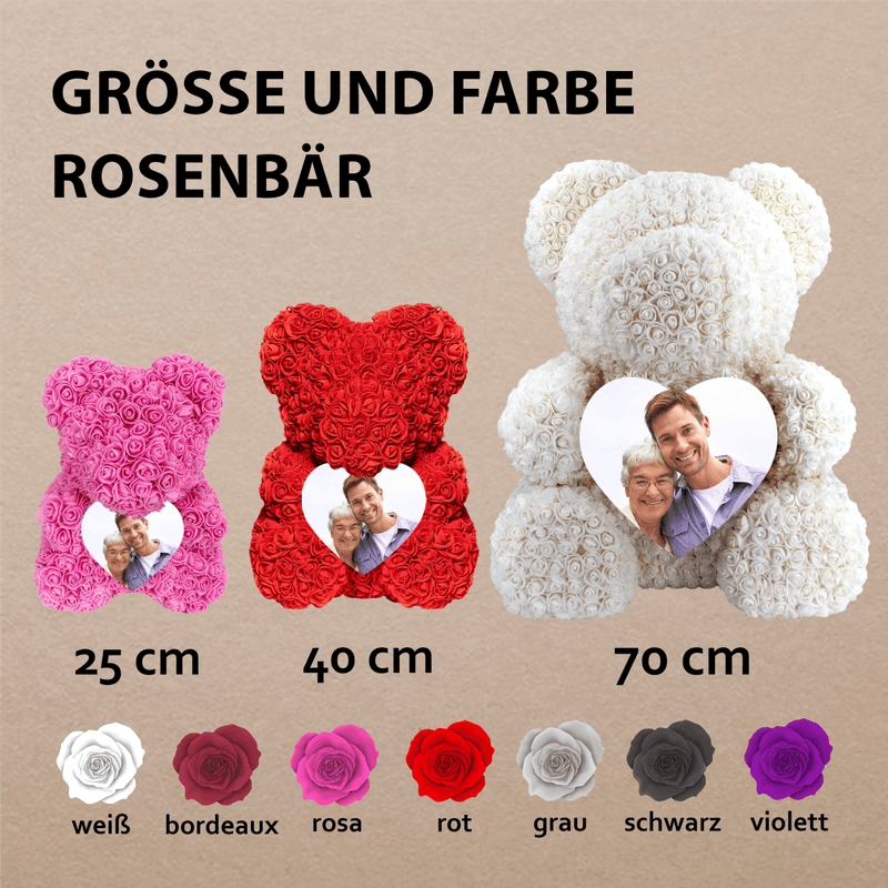 Teddybär mit burgunderroten, ewigen Rosen + Druck - Rosenbären mit Aufdruck, personalisiertes Geschenk - Adamell.de