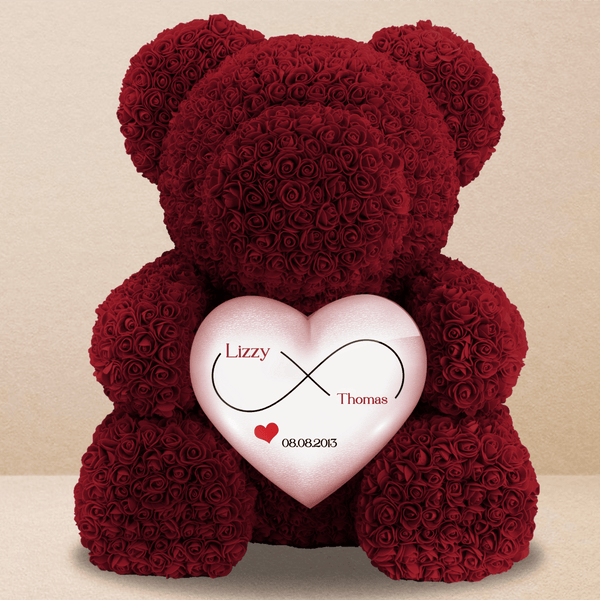 Teddybär mit burgundroten ewigen Rosen + Unendlichkeitszeichen Druck - Rosenbären mit Aufdruck, personalisiertes Geschenk - Adamell.de