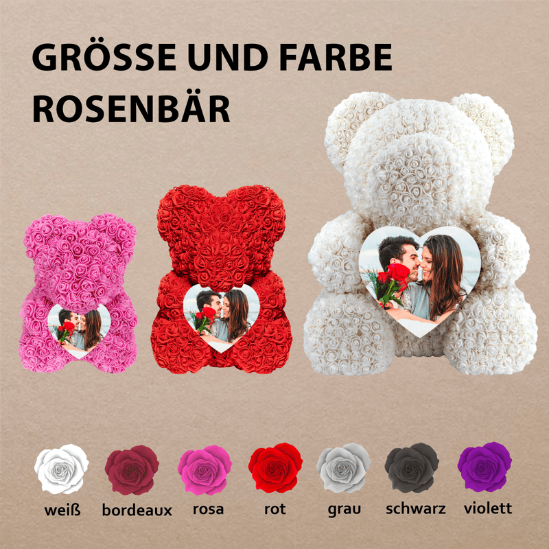 Teddybär mit Foto von Verliebten - Rosenbären mit Aufdruck, personalisiertes Geschenk für Frau - Adamell.de