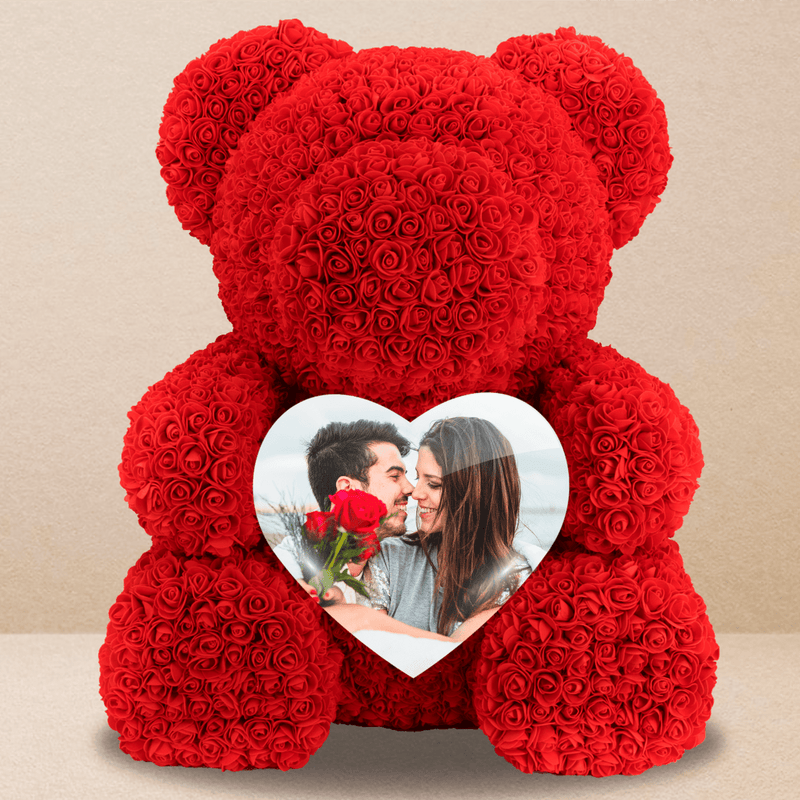 Teddybär mit Foto von Verliebten - Rosenbären mit Aufdruck, personalisiertes Geschenk für Frau - Adamell.de