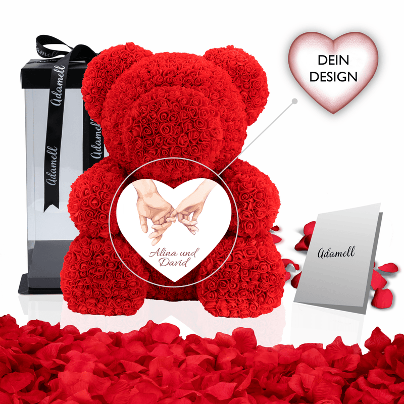 Unser Valentine - Rosenbären mit Aufdruck, personalisiertes Geschenk für Frau - Adamell.de