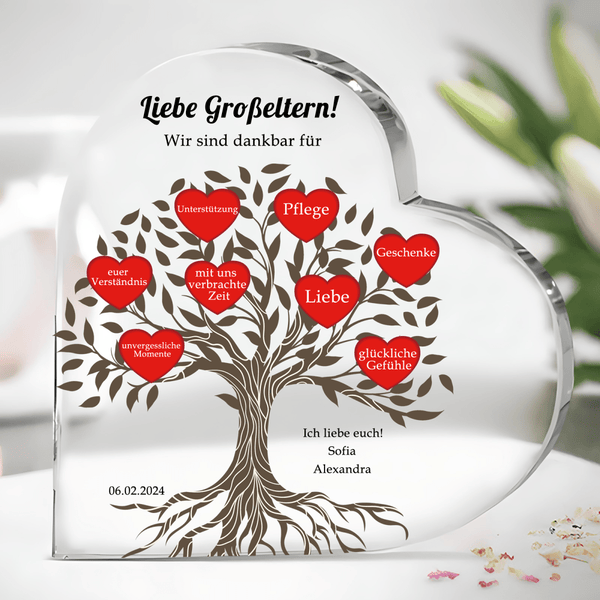 Unsere Dankbarkeit - Herz aus Glas, personalisiertes Geschenk für Großeltern - Adamell.de