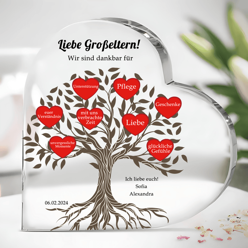 Unsere Dankbarkeit - Herz aus Glas, personalisiertes Geschenk für Großeltern - Adamell.de