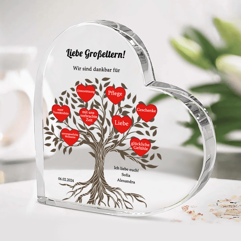 Unsere Dankbarkeit - Herz aus Glas, personalisiertes Geschenk für Großeltern - Adamell.de