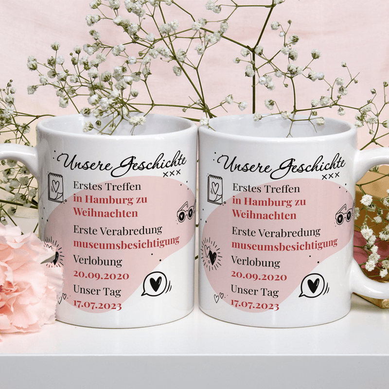 Unsere Geschichte - Satz von 2 x Bedruckte Tasse, personalisiertes Geschenk für Paar - Adamell.de