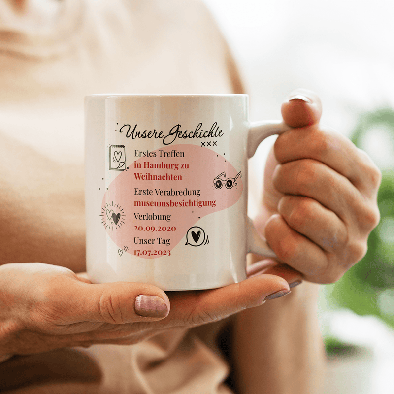 Unsere Geschichte - Satz von 2 x Bedruckte Tasse, personalisiertes Geschenk für Paar - Adamell.de