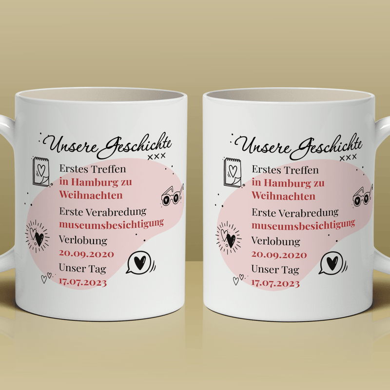 Unsere Geschichte - Satz von 2 x Bedruckte Tasse, personalisiertes Geschenk für Paar - Adamell.de