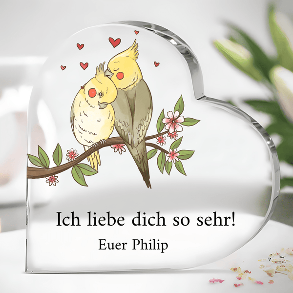 Verliebte Vögel - Herz aus Glas, personalisiertes Geschenk für Frau - Adamell.de