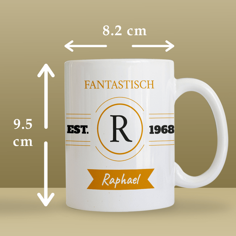 Vorname + Jahr - 1x bedruckte Tasse, personalisiertes Geschenk für Mann - Adamell.de