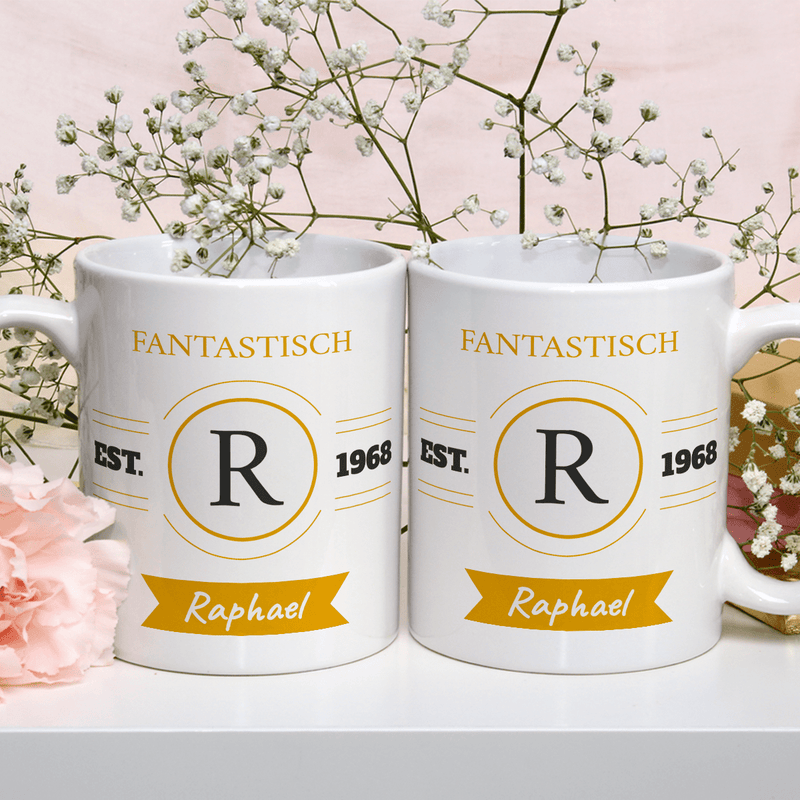 Vorname + Jahr - 1x bedruckte Tasse, personalisiertes Geschenk für Mann - Adamell.de