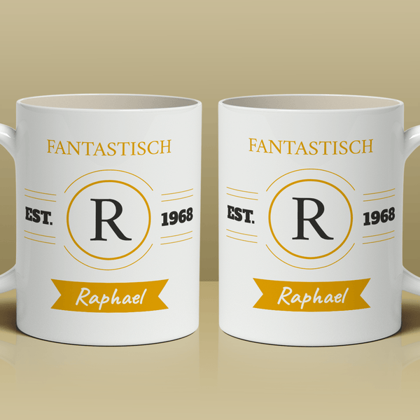 Vorname + Jahr - 1x bedruckte Tasse, personalisiertes Geschenk für Mann - Adamell.de