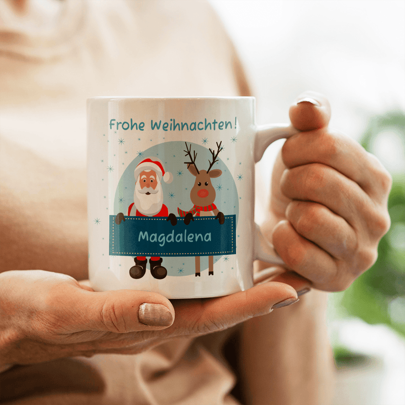 Weihnachtsmann und Rentier - 1x Bedruckte Tasse, personalisiertes Geschenk für Oma - Adamell.de