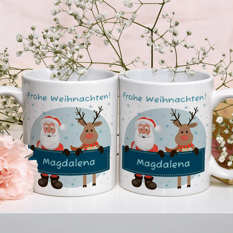 Weihnachtsmann und Rentier - 1x Bedruckte Tasse, personalisiertes Geschenk für Oma - Adamell.de