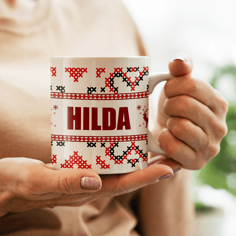 Weihnachtsmotiv + Name - 1x bedruckte Tasse, personalisiertes Geschenk für Schwester - Adamell.de