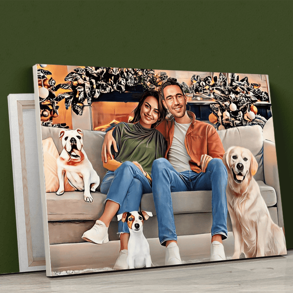 Weihnachtsporträt mit Hunden - Druck auf Leinwand, personalisiertes Geschenk für Frau - Adamell.de
