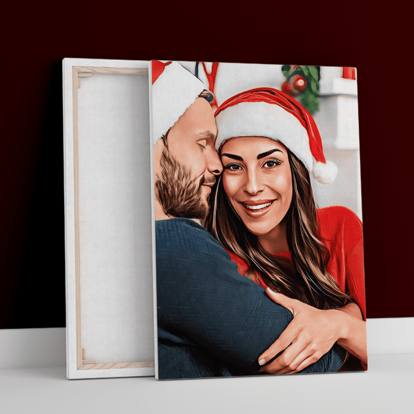 Weihnachtsporträt von Verliebten - Druck auf Leinwand, personalisiertes Geschenk für Paar - Adamell.de