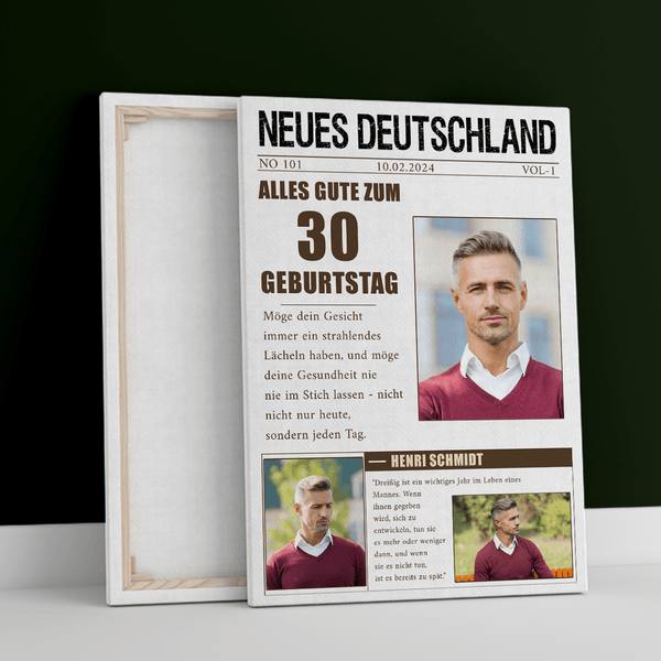 Zeitung für Dreißiger - Druck auf Leinwand, personalisiertes Geschenk für Mann - Adamell.de