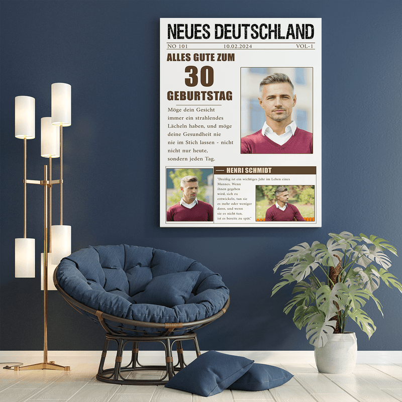 Zeitung für Dreißiger - Druck auf Leinwand, personalisiertes Geschenk für Mann - Adamell.de