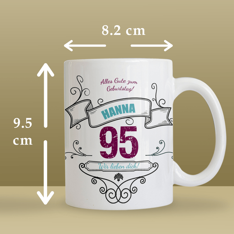 Zum 95. Geburtstag + Name - 1x bedruckte Tasse, personalisiertes Geschenk für Frau - Adamell.de